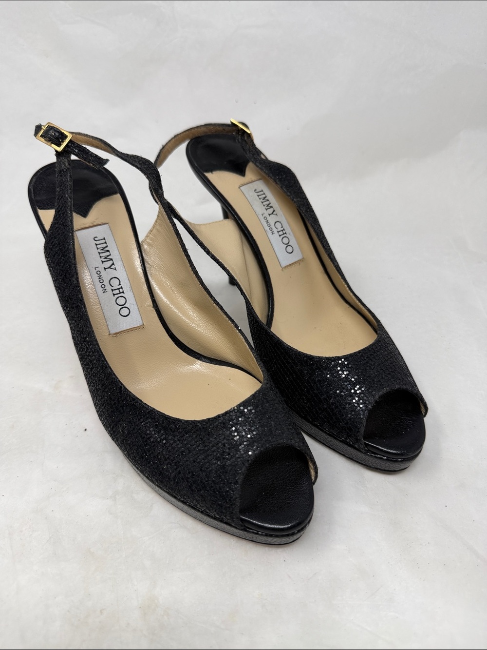 Jimmy Choo Black Sequin Peep-Toe Slingback Heels Size 37.5